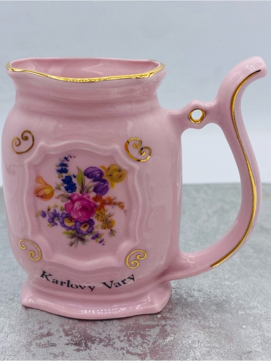 Karlovy Vary Other - Vintage Czech Straw Handle Porcelain Gilded Sipping Mug Karlovy Vary Spa Cup